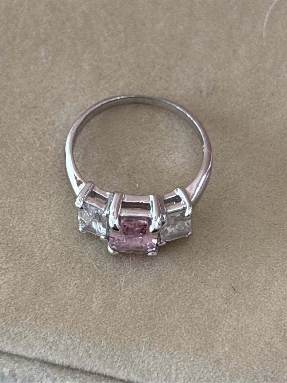 Emerald Cut Pink White CZ Three Stone Ring Past Present Future Sterling Size6.75 - Picture 4 of 13